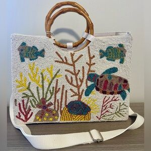 Beaded Sea Turtle and Reef Fish White Tote Bag with Bamboo Handles